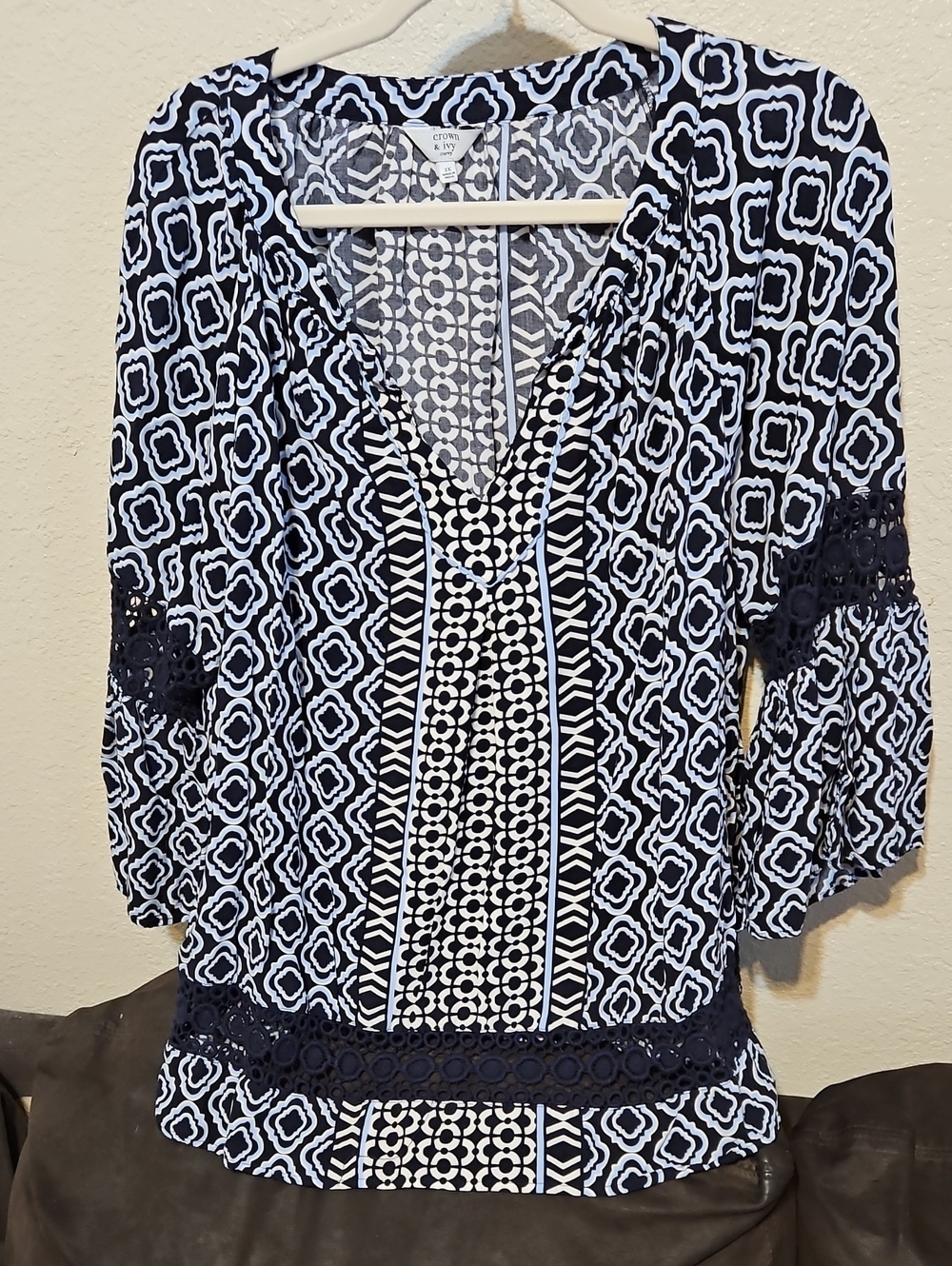 crown & ivy Navy and White Geometric V-Neck Tunic